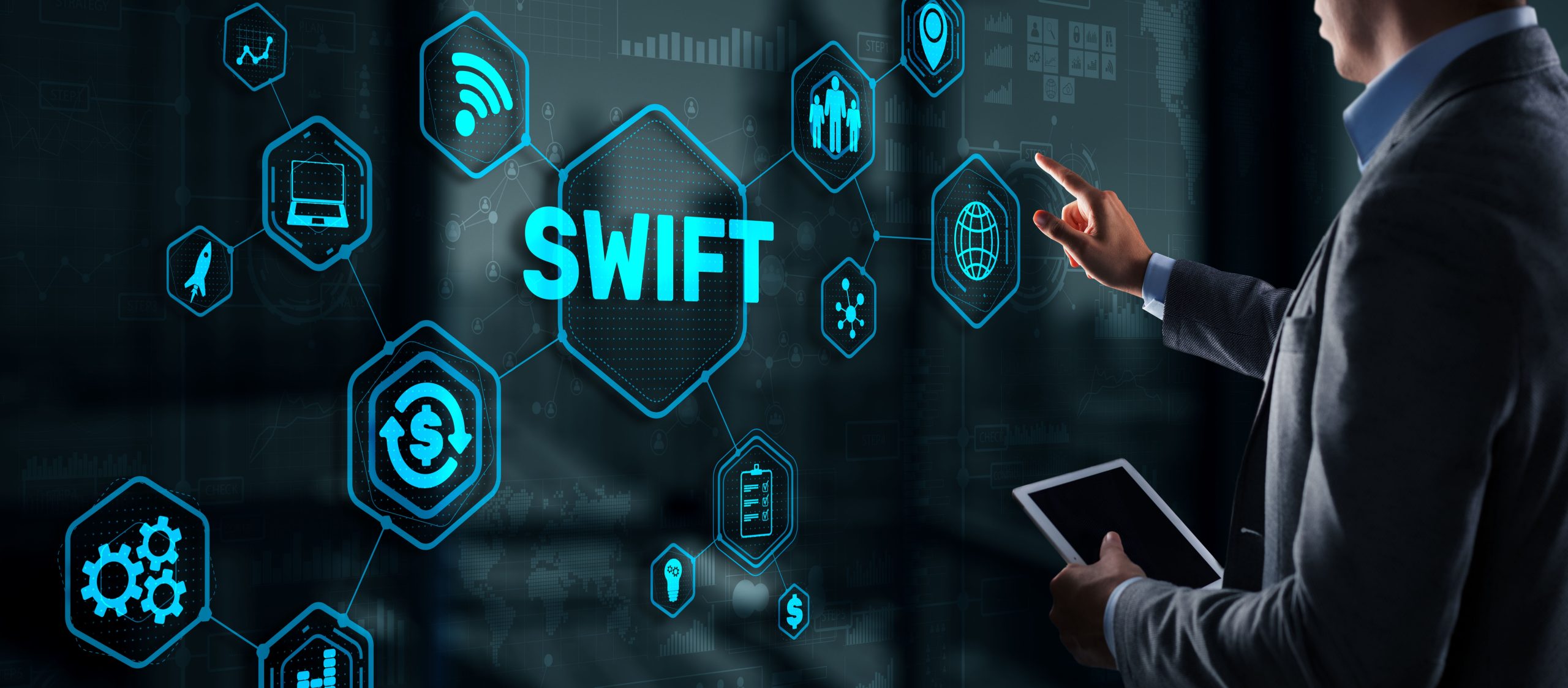 Man touching a big futuristic screen